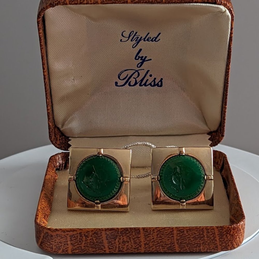 Vintage Swank cufflinks, carved carnelian helmeted soldier design